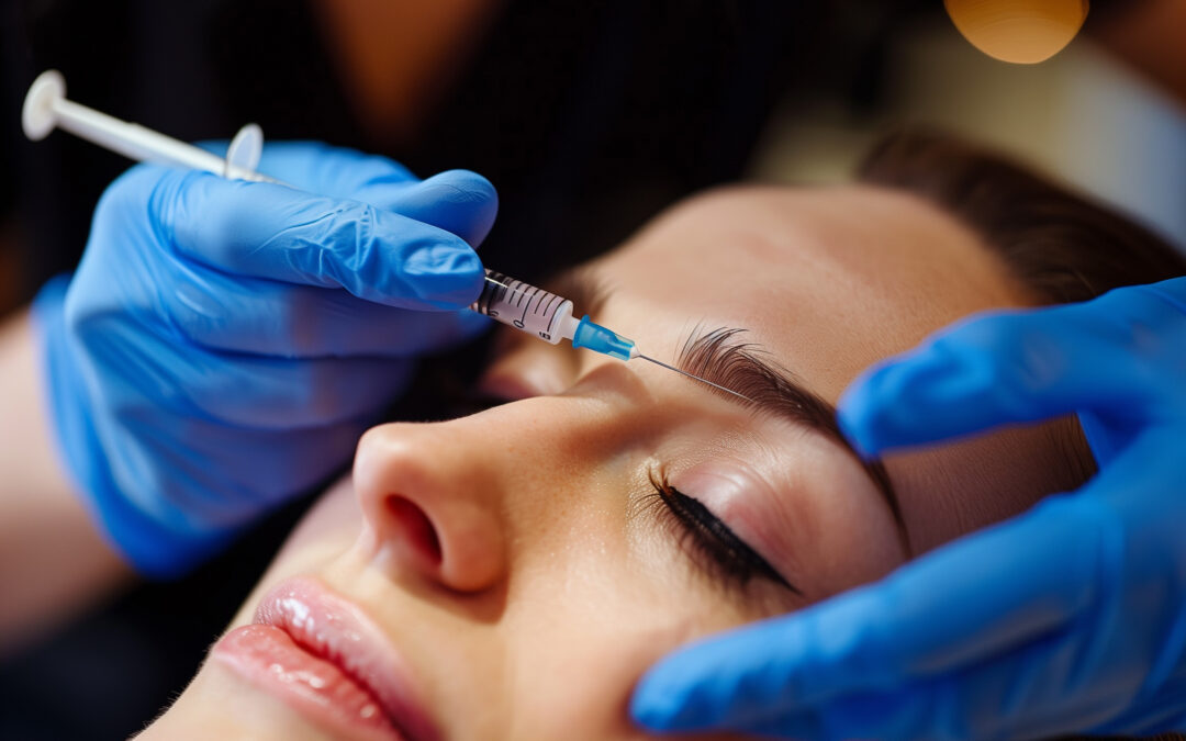 A close up of a person receiving a botox injection, highlighting the process of facial rejuvenation and wrinkle reduction.